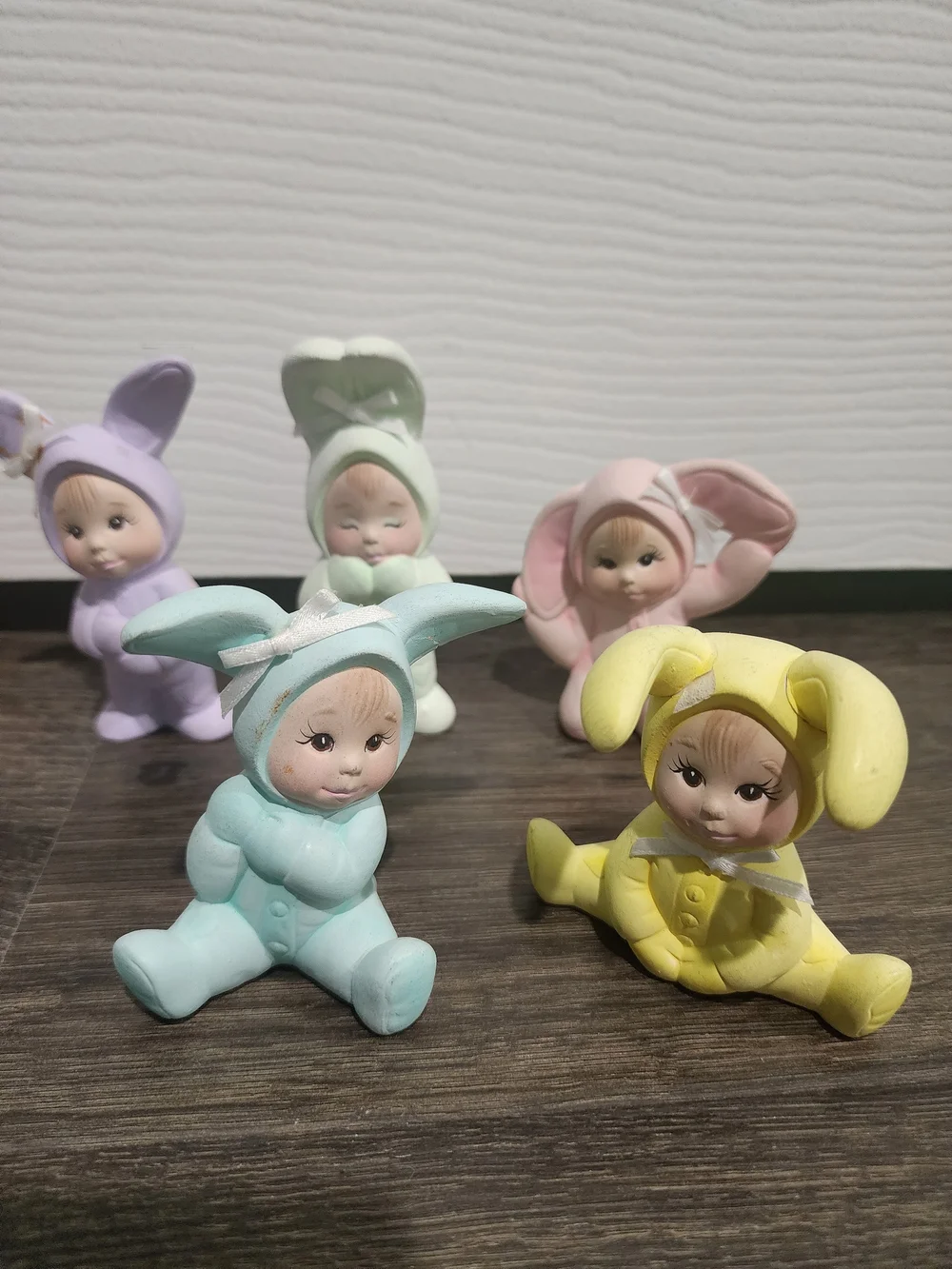 Vintage Hand Painted Ceramic Children Babies In Bunny Costumes Easter Figurines